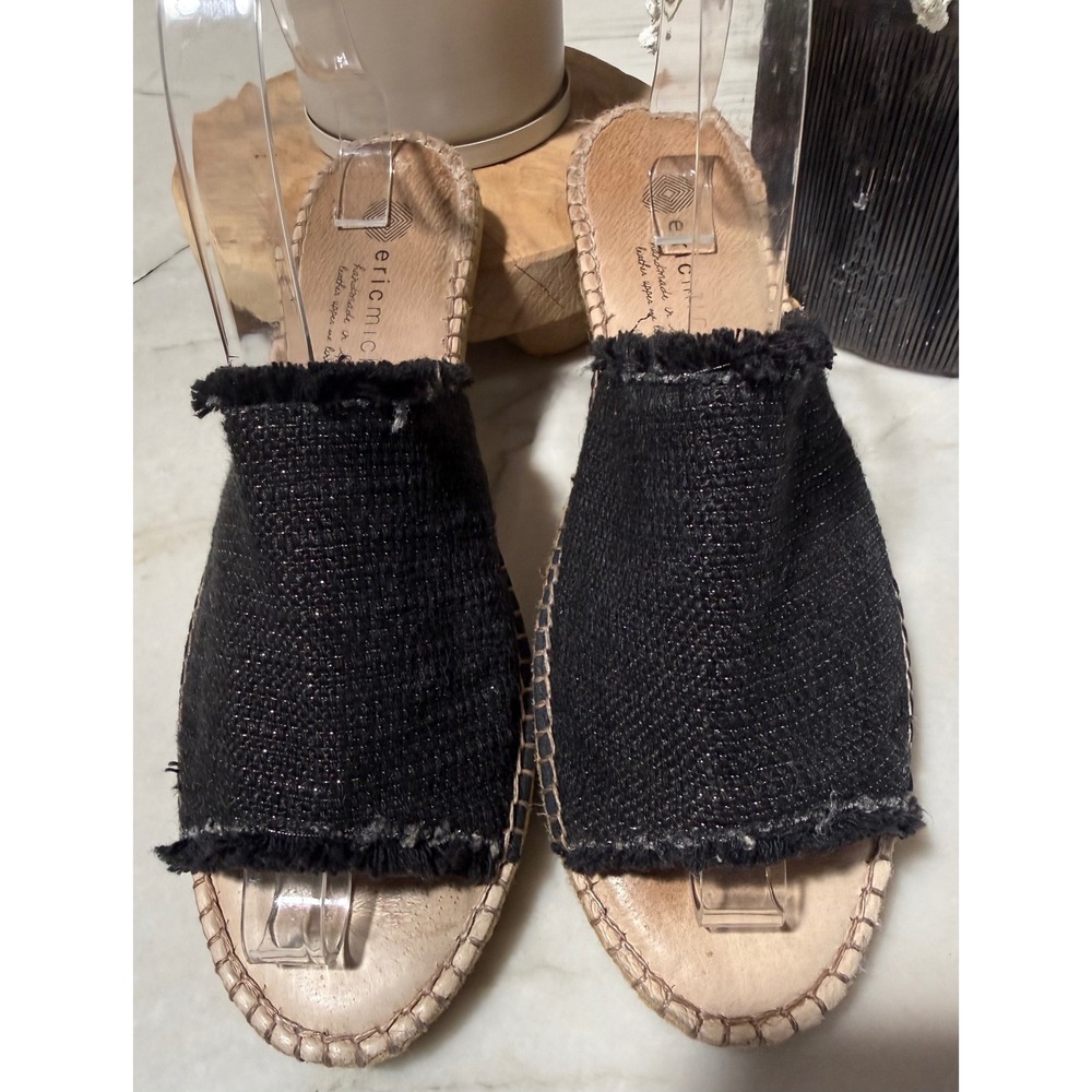 Eric Michael Handmade in Spain Black Shimmer Fringe Espadrille Slides Sz 39 8.5